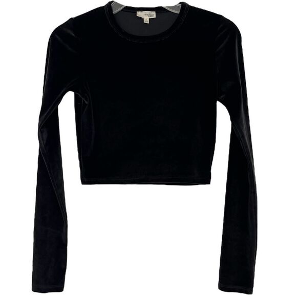 Aritzia Wilfred Free Crop Velvet Top Long Sleeve Fitted Glossy Shiny Black Small - Picture 1 of 9